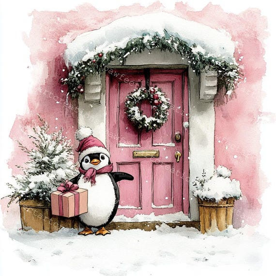 18 の心地よいクリスマスの水彩画のシーン、クリスマス カード、ピンク