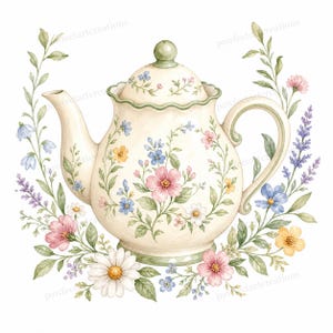 Può includere: Illustrazione ad acquerello di una teiera color crema ornata da motivi floreali rosa, blu e gialli. La teiera è circondata da una ghirlanda di foglie e fiori verdi, creando un'estetica vintage affascinante.