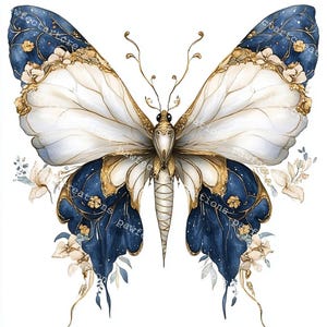 May include: A watercolor illustration of a butterfly with intricate details. The butterfly features white, navy blue, and gold accents. Delicate floral elements surround the butterfly, creating an elegant and artistic design.