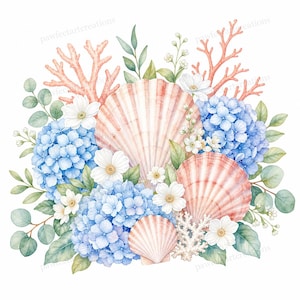 May include: Watercolor illustration of a seashell arrangement. The design features large, striped seashells, blue hydrangeas, white flowers, coral, and green foliage. The artwork has a soft, pastel color palette and a delicate, artistic style.