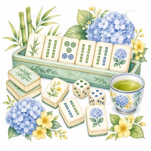 May include: A set of mahjong tiles featuring bamboo, floral, and circular patterns arranged in a green rectangular tray, accompanied by two dice, a ceramic tea cup filled with green tea, and watercolor illustrations of blue hydrangeas and yellow flowers.