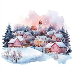 12 Christmas Card Clipart, Winter Houses Card, Winter Village, Printable Watercolor, High-Quality JPGs, Papercraft, Junk Journal
