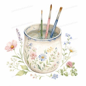 May include: Watercolor illustration of a ceramic jar filled with water and three paintbrushes. The jar is decorated with floral designs in pink, blue, and yellow. Surrounding the jar are watercolor flowers and greenery.