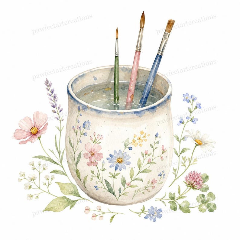 May include: Watercolor illustration of a ceramic jar filled with water and three paintbrushes. The jar is decorated with floral designs in pink, blue, and yellow. Surrounding the jar are watercolor flowers and greenery.