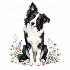 May include: A watercolour illustration of a Border Collie dog surrounded by wildflowers. The dog has black and white fur and a curious expression. Pink, purple, and white flowers are arranged around the dog, creating a charming scene.