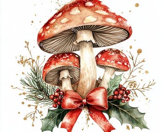 26 Xmas Mushrooms Clipart, Fly Agaric, Christmas Print, Christmas Card, Printable Watercolor,High-Quality JPGs,Papercraft, Junk Journal