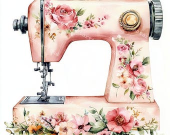 Floral Sewing Machine Clipart: Vintage Watercolor JPGs (Digital Download)