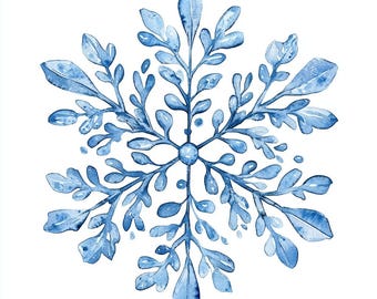 May include: A blue watercolor snowflake with intricate details. The snowflake is symmetrical and has a delicate, frosty appearance.