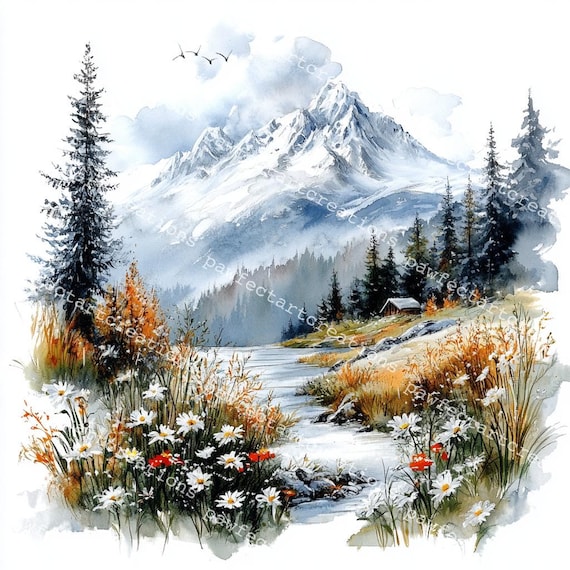 冬の山の水彩画クリップアート：雪に覆われた森のJPG（デジタル