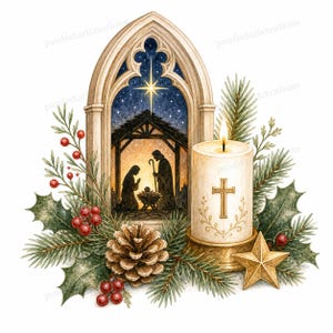 May include: A watercolor illustration featuring a gothic archway framing a nativity scene with a star-filled night sky. Beside it, a white pillar candle with a gold cross sits among pine branches, holly leaves, red berries, and a pinecone.