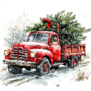 10 Pickup Truck Carrying Christmas Tree Clipart, Sezonowa sztuka świąteczna, Wydrukowana akwarela, Wysokiej jakości pliki JPG, Dziennik śmieci, Cyfrowe rzemiosło