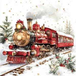 10 vintage kersttrein clipart, vintage locomotief, afdrukbare aquarel, hoogwaardige JPG's, Papercraft Junk Journal, Digital Craft