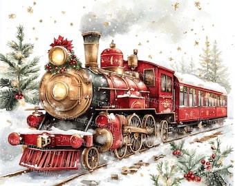 Könnte beinhalten: Aquarellillustration eines festlichen roten und goldenen Zuges, der durch eine verschneite Landschaft fährt. Der Zug ist mit einem Kranz und einer roten Schleife geschmückt. Schneeflocken und Tannenbäume verstärken das Urlaubsgefühl.