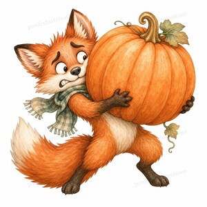 May include: A watercolour illustration of an orange fox with a white chest and black paws, wearing a green and white chequered scarf. The fox has a wide-eyed expression and is holding a large, round, orange pumpkin with a green stem and leaves.