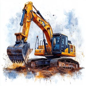 17 Escavadeira Clipart, Trator Clipart, Projetos de Veículos de Construção, Aquarela Imprimível, JPGs de Alta Qualidade, Artesanato Digital, Álbuns de Recortes