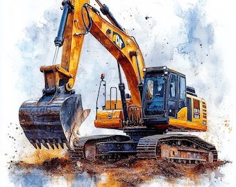 Excavator Watercolor Clipart: Construction Vehicle Designs (Digital Download)