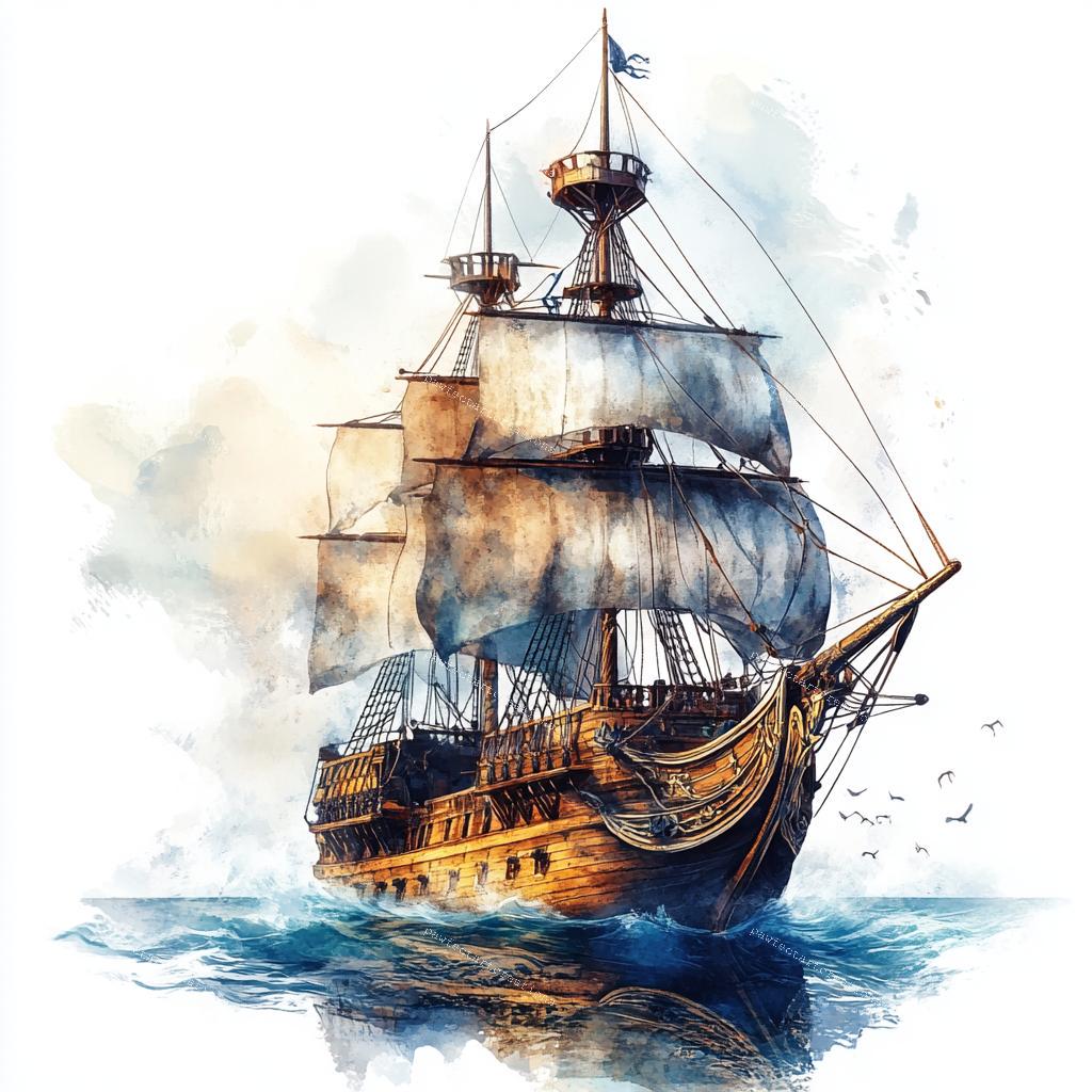 水彩画の海賊船のクリップアート：高解像度JPG（デジタルダウンロード