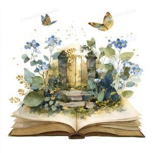 May include: Watercolor illustration of an open book with a garden scene. The scene features a stone gate, blue flowers, green foliage, and two butterflies. The book's pages are aged, and the overall aesthetic is whimsical.