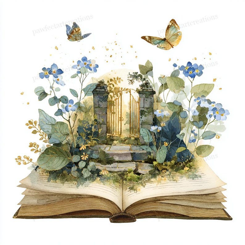 May include: Watercolor illustration of an open book with a garden scene. The scene features a stone gate, blue flowers, green foliage, and two butterflies. The book's pages are aged, and the overall aesthetic is whimsical.