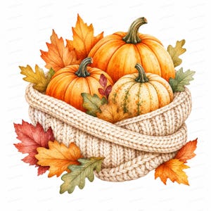 May include: A watercolour illustration of three pumpkins nestled inside a thick, cream-coloured knitted scarf. The pumpkins are orange and pale yellow with green stems, surrounded by a collection of autumn leaves in shades of red, orange, and green.