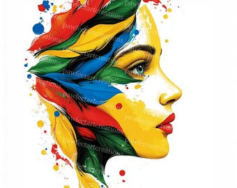 カラフルな女性の顔のクリップアート：抽象的な水彩画（デジタル