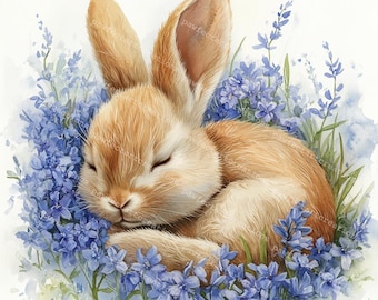 Sleeping Bunny Clipart: Watercolor Rabbit in Flower, Nursery Art (Digital Download)