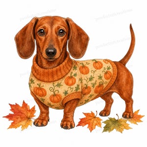 Puede incluir: Un perro salchicha marrón que lleva un suéter de punto color canela con un patrón de calabazas naranjas y enredaderas verdes. El perro está de pie entre varias hojas de arce otoñales caídas en tonos naranja, amarillo y verde sobre fondo blanco.