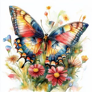 18 Butterfly in Flowers Clipart, Wildflowers, Spring Clipart,Printable Watercolor, High-Quality JPGs, Papercraft,Junk Journal, Digital Craft