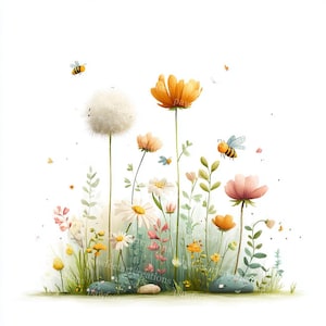 May include: Watercolor illustration of a whimsical garden scene with various flowers, including daisies, dandelions, and orange blooms. Several bees are flying around the flowers. The artwork has a soft, pastel color palette and a dreamy aesthetic.
