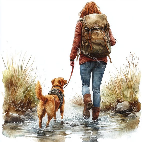 犬とハイキングのクリップアート：水彩画の山のアート（デジタル