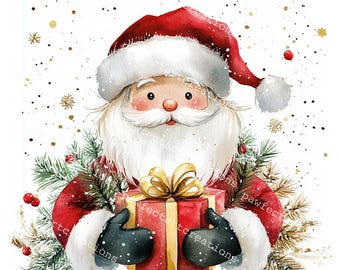 Christmas Santa Clipart: Gold Foil Watercolor Designs (Digital Download, JPGs, Commercial Use License Included)