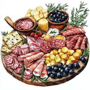 18 Charcuterie Brett Clipart, Clipart Essen, Festmahl, druckbare Aquarell Clipart, hochwertige JPGs, Junk Journal, Digital Craft