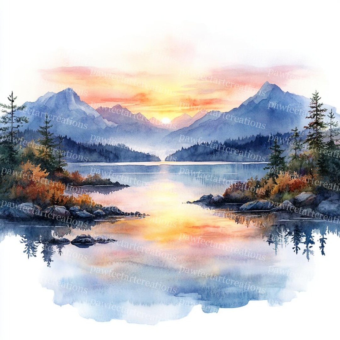 15 湖の日の出のクリップアート：ジャンクジャーナル用の水彩風景 JPG
