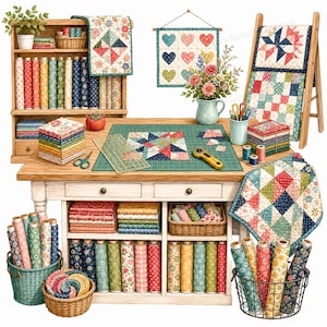 May include: A craft room scene featuring a wooden table with a green cutting mat, rotary cutter, and ruler. The room includes shelves and baskets filled with colorful patterned fabric bolts, folded fabric stacks, quilts, and sewing supplies.