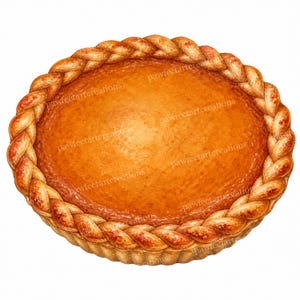 Puede incluir: Una tarta de calabaza redonda con un borde de corteza trenzada de color marrón dorado y un relleno suave de color naranja. La superficie de la tarta presenta un texto de marca de agua repetitivo que dice pawfectartcreations sobre el postre.