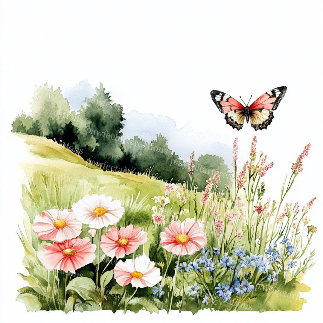 春の草原の水彩画クリップアート：風景イラスト（デジタルダウンロード