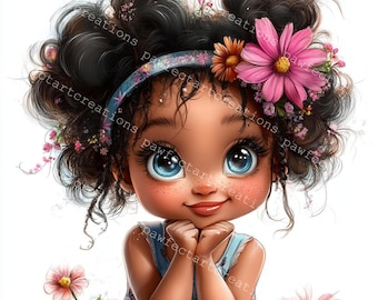 May include: A digital illustration of a young girl with brown curly hair, wearing a blue headband with flowers, and a blue dress. She has large blue eyes and is smiling. The background is white with pink flowers.