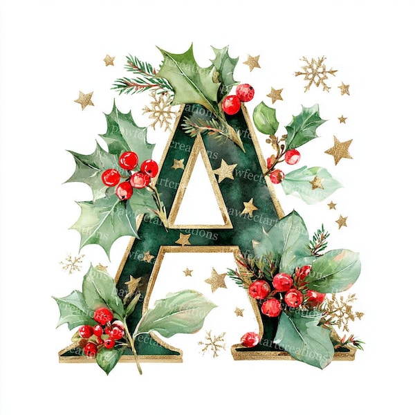 26 Christmas Alphabet Clipart, Festive Holiday Letters, Christmas Card, Printable Watercolor,High-Quality JPGs,Papercraft, Junk Journal