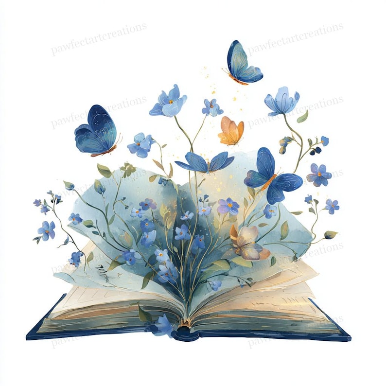 May include: Watercolor illustration of an open book with blue flowers and butterflies emerging from the pages. The butterflies are blue and orange, and the flowers are a mix of blue and purple. The book has a dark blue cover.
