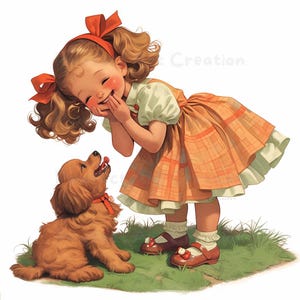 11 retro meisje en hond clipart, hondenliefhebber cadeau, schattige babymeisje, huisdier clipart, afdrukbare aquarel, hoogwaardige jpg's, papercraft, junk Journal