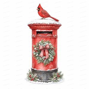May include: A bright red cylindrical mailbox topped with a layer of snow and a perched red cardinal bird. The front features a festive green wreath with a large pink bow and red berries, while the base is decorated with pine branches and snow.