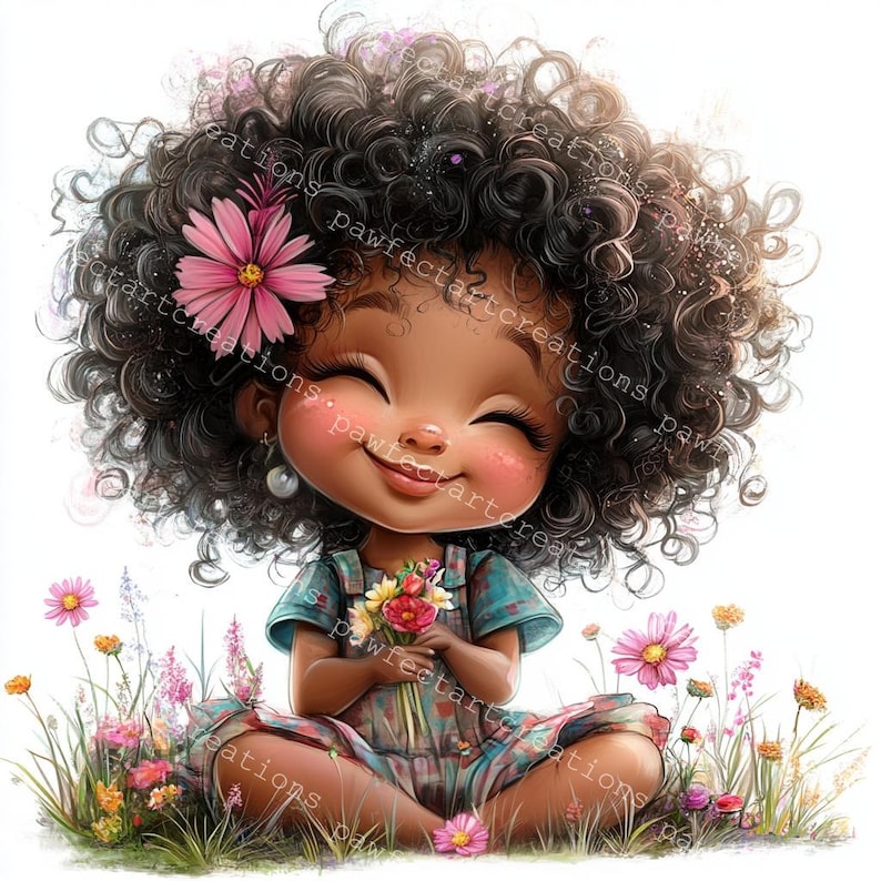 12 Quirky Black Girl With Flower Clipart, African Girl Clipart, Printable Watercolor, High-Quality JPGs, Junk Journal, Digital Craft