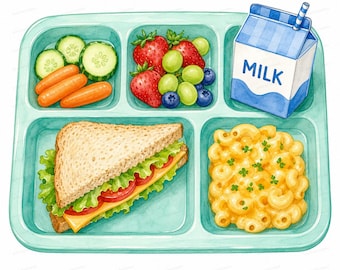 May include: A light green divided tray containing a meal with a sandwich featuring lettuce, tomato, and cheese, a side of macaroni and cheese, a carton of milk with a straw, and a section with sliced cucumbers, carrots, and mixed berries.