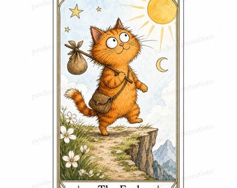 May include: A tarot card illustration featuring an orange tabby cat as "The Fool." The cat carries a bindle and bag, walking toward a cliff edge under a sun and moon. White flowers and stars are in the background.