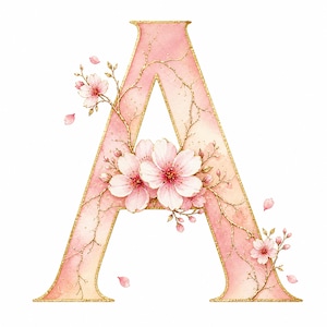 Op de afbeelding: Een hoofdletter A in een zacht aquarel roze verloop met een gouden glitteromtrek. De letter is versierd met delicate kersenbloesemtakken met lichtroze bloemen en kleine knoppen, met een paar losse bloemblaadjes die eromheen zweven.