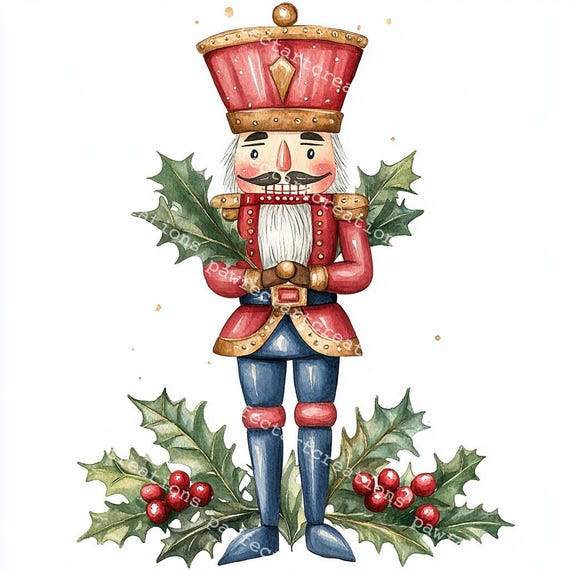 水彩画「クリスマス人形」 クリスマスくるみ割り人形のクリップアート：水彩画風（デジタル