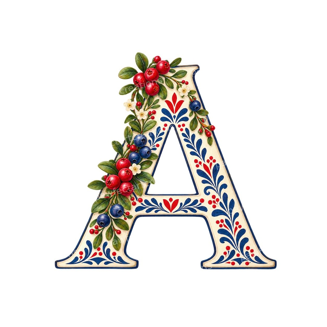 26 Nordic Berry Alphabet Clipart A-Z, Decorative Letter JPG, Digital ...