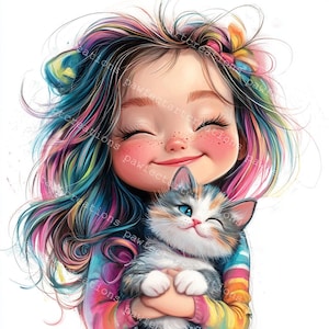 11 schrullig Mädchen mit Katze Clipart, Geschenk für Katzenliebhaber, süßes Baby Mädchen, druckbares Aquarell, hochwertige JPGs, Papercraft, Junk Journal