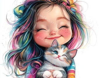Clipart de niña con gato: Arte de acuarela peculiar (Descarga digital)