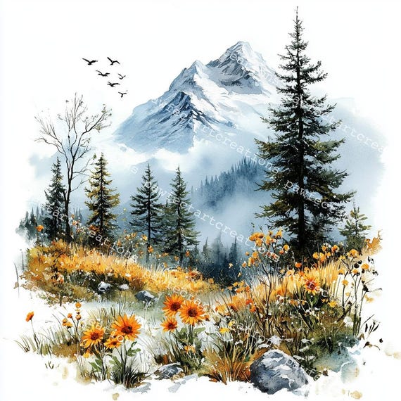 冬の山の水彩画クリップアート：雪に覆われた森のJPG（デジタル